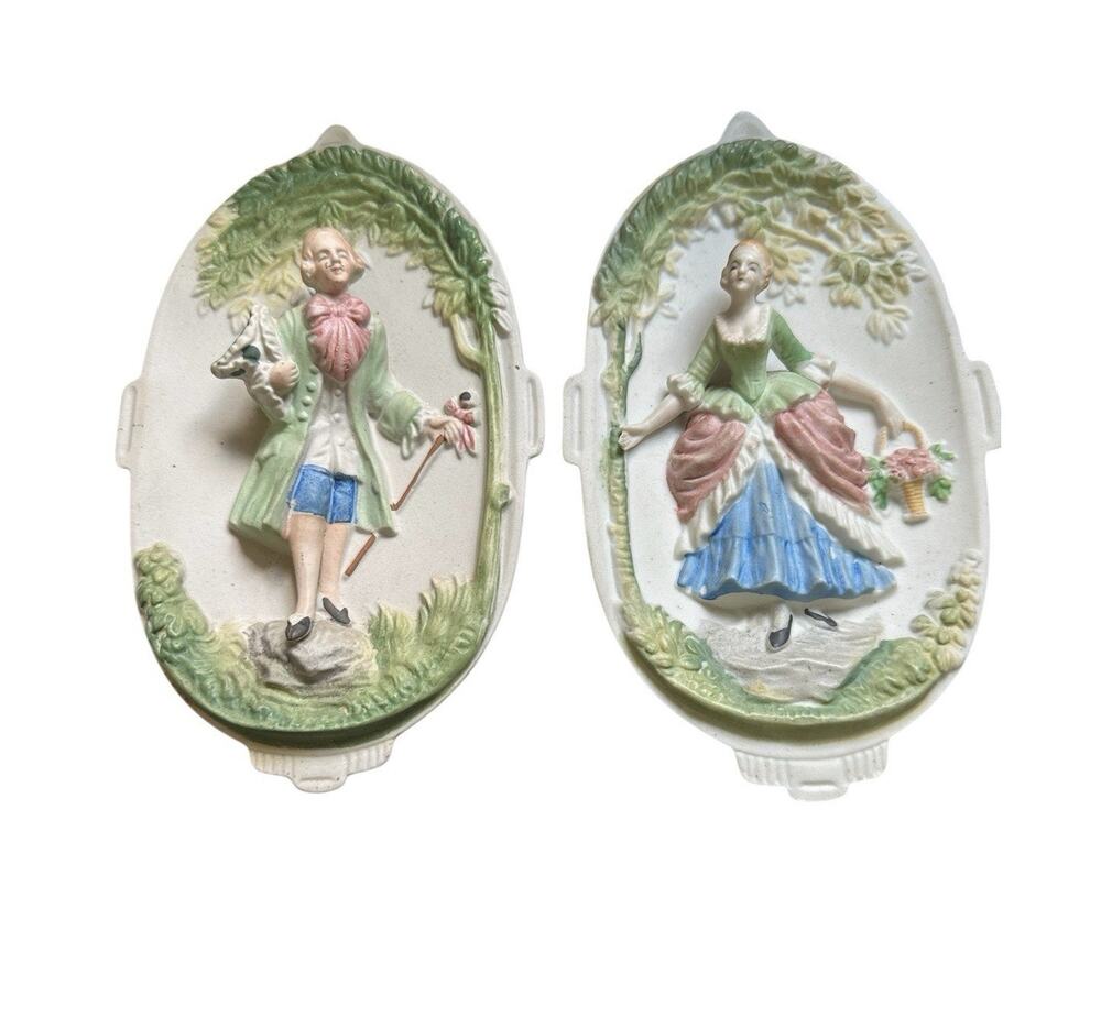 Vintage Chase Victorian Bisque Figural Wall Plaques Hand Painted Occupied Japan